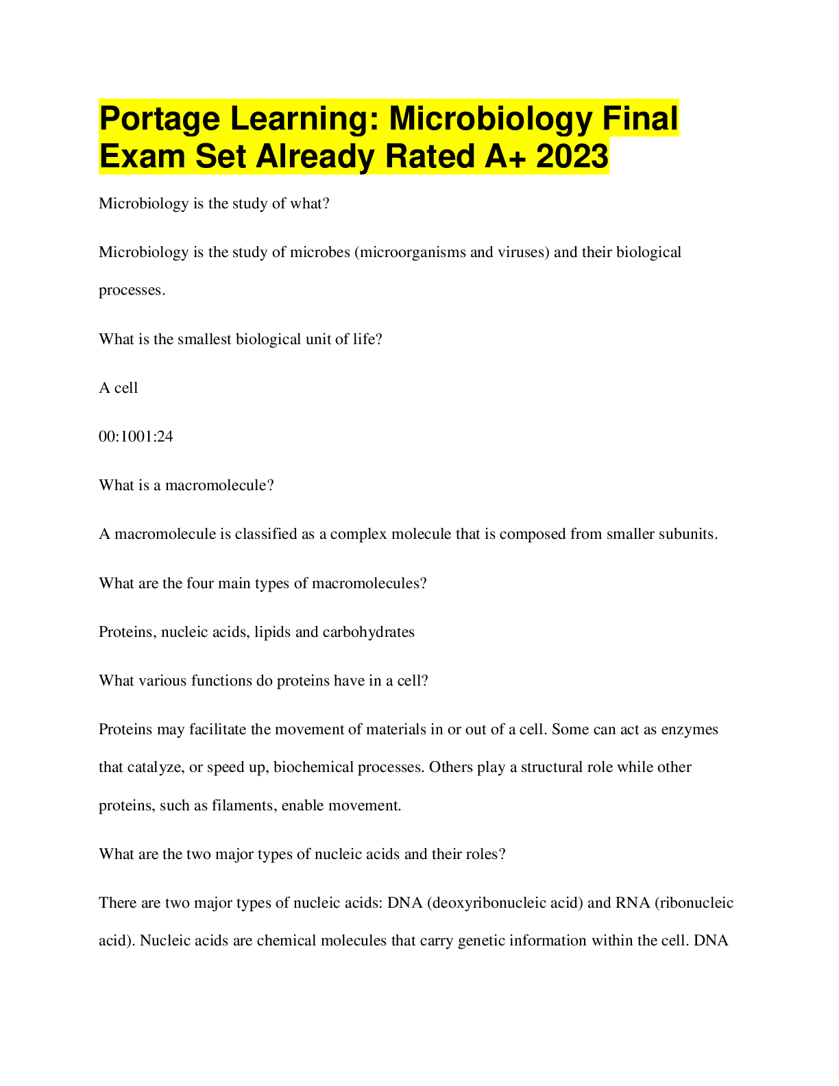 Preview image for Portage Learning: Microbiology Final  Exam Set Already Rated A+ 2023